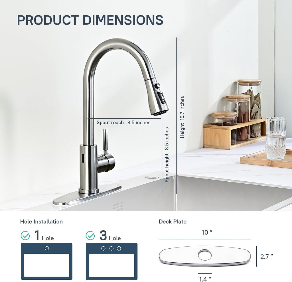 Arofa Touchless Bathroom Faucets, Kitchen Faucet with Pull Down Sprayer, Single Handle Smart Motion Sensor Kitchen Sink Faucet, Stainless Steel Faucet for Kitchen Sink, Brushed Nickel