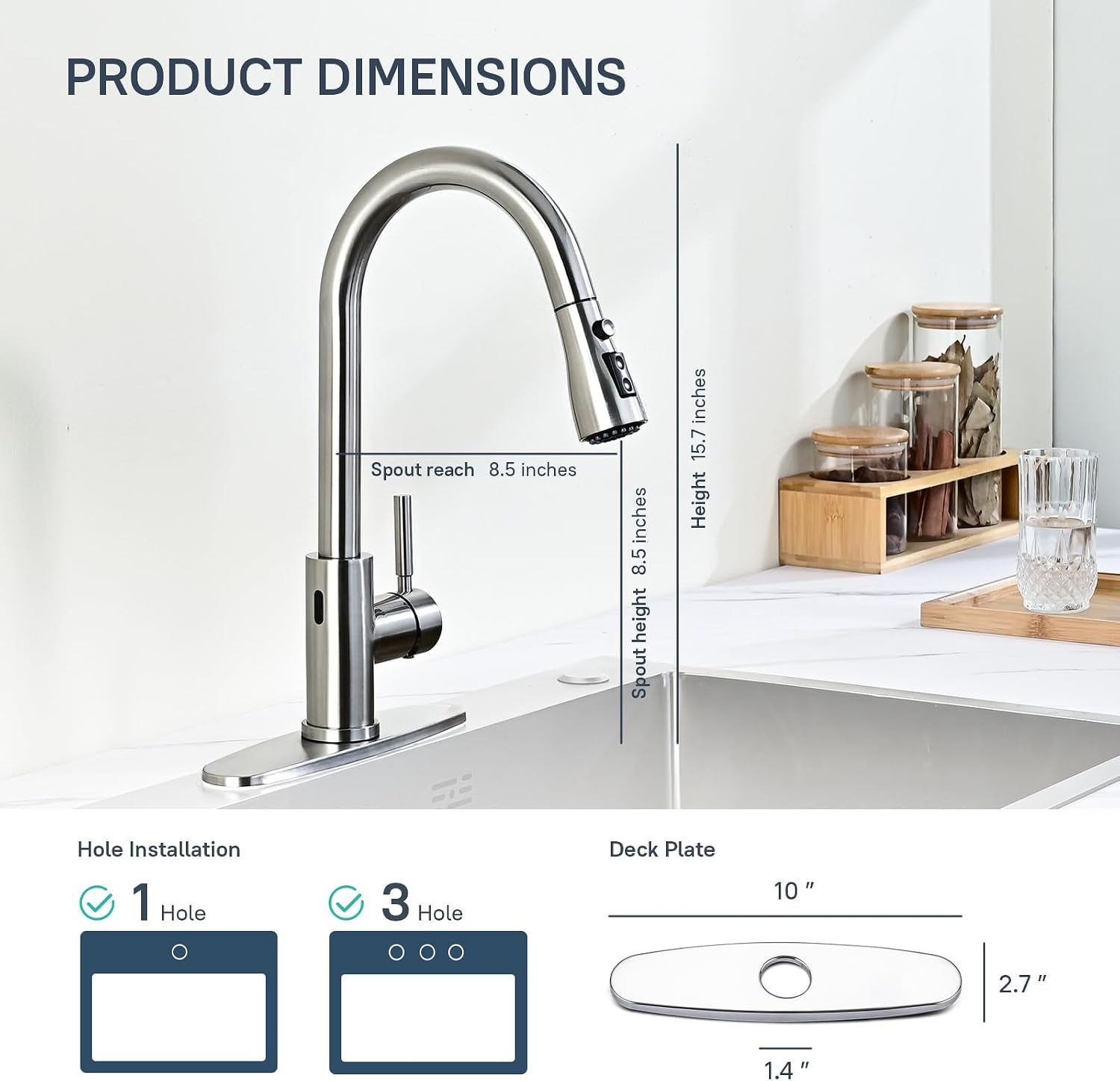 Arofa Touchless Bathroom Faucets, Kitchen Faucet with Pull Down Sprayer, Single Handle Smart Motion Sensor Kitchen Sink Faucet, Stainless Steel Faucet for Kitchen Sink, Brushed Nickel