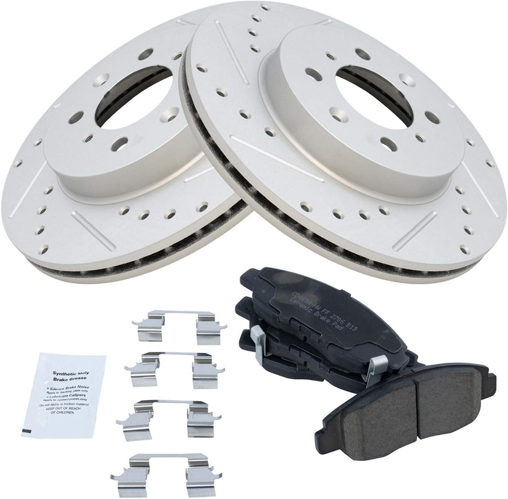TRQ Performance Front Brake Pad and Rotor Set Ceramic Coated Drilled Slotted Vented Rotors Compatible with 1996-2005 Honda Civic 2010-2014 Insight