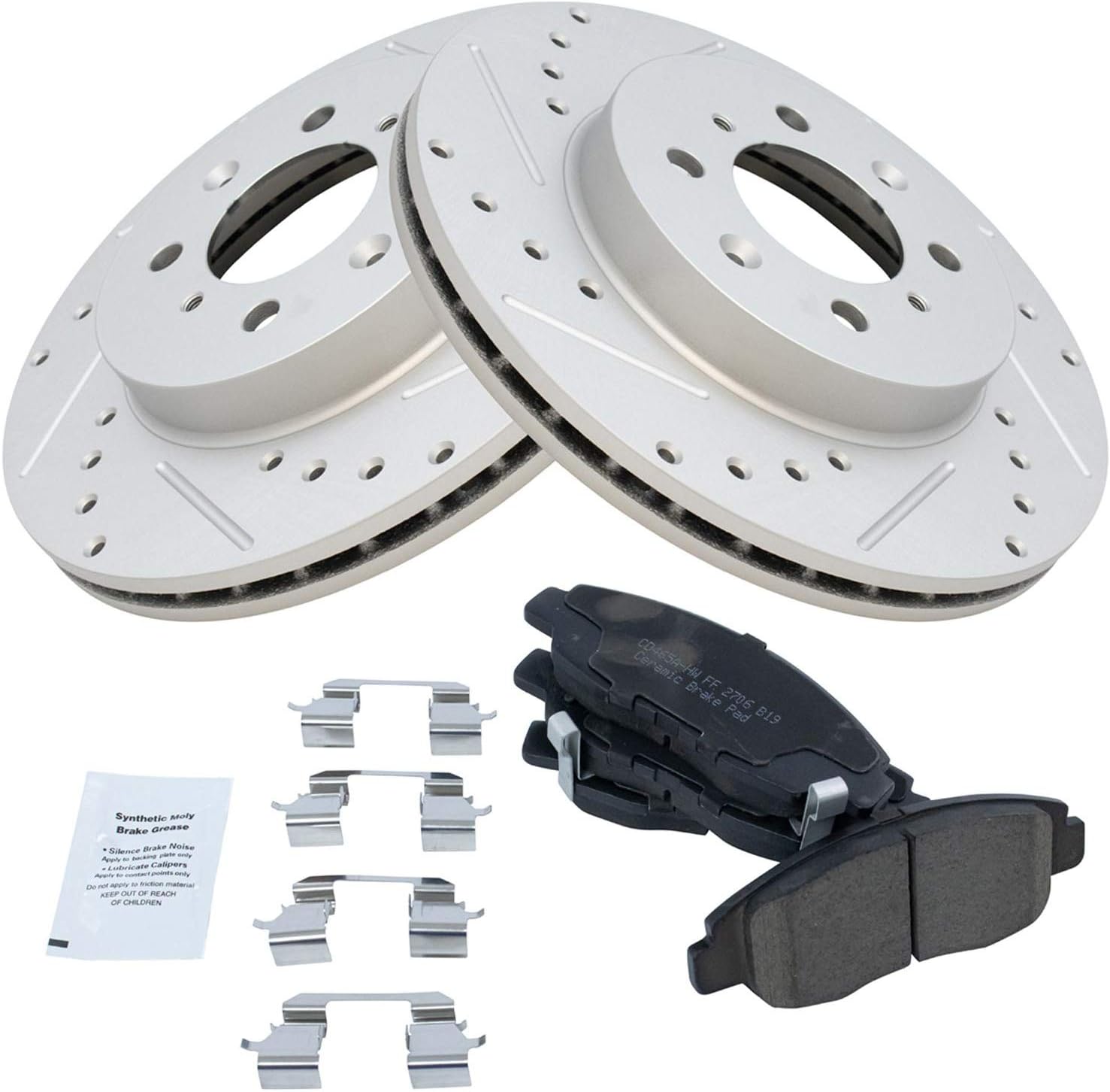TRQ Performance Front Brake Pad and Rotor Set Ceramic Coated Drilled Slotted Vented Rotors Compatible with 1996-2005 Honda Civic 2010-2014 Insight