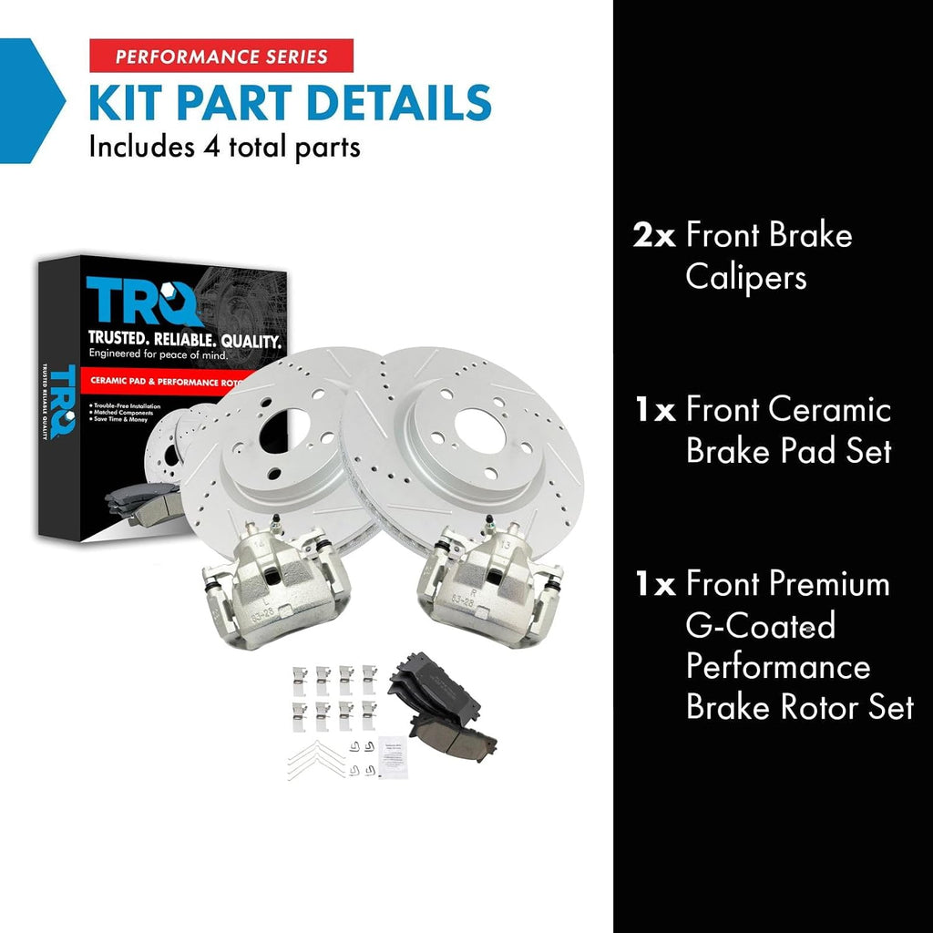 TRQ Performance Front Brake Pad and Rotor Set Ceramic G Coated Vented Rotors Calipers Compatible with 2012-2018 Toyota Avalon Camry 2016-2018 Lexus ES350