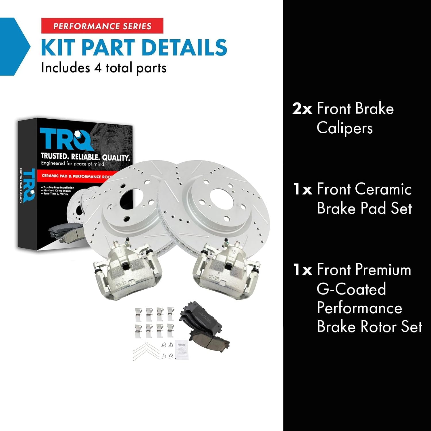 TRQ Performance Front Brake Pad and Rotor Set Ceramic G Coated Vented Rotors Calipers Compatible with 2012-2018 Toyota Avalon Camry 2016-2018 Lexus ES350