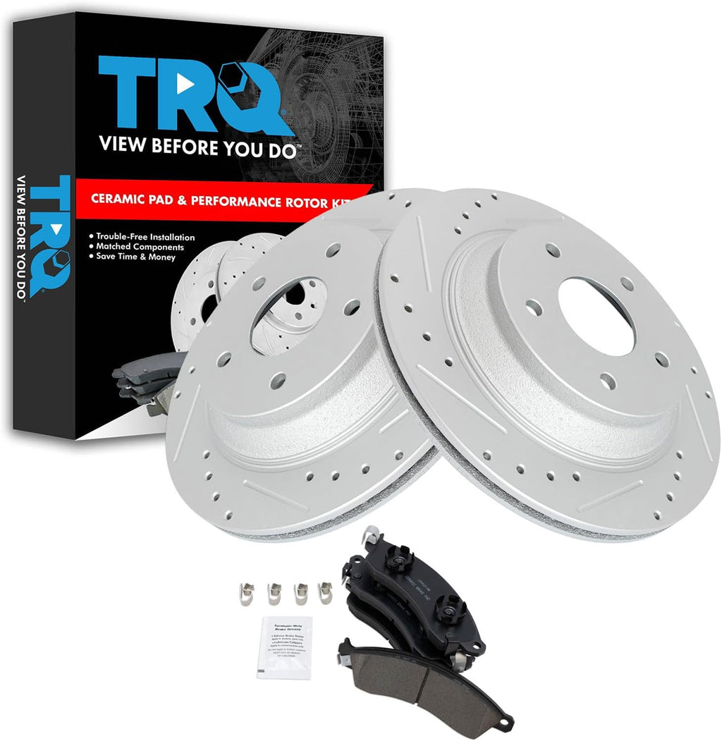 TRQ Performance Front Brake Pad and Rotor Set Ceramic Drilled Slotted G Coated Rotors Compatible with 1988-1996 Chevrolet Corvette