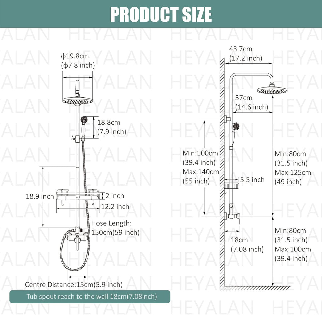 Heyalan Antique Brass Exposed Pipe Shower System 8 Inch Rainfall Shower Head Fixture Combo Set Single Handle with Handheld Sprayer Bathroom Shower Faucet Adjustable Showerhead Bar with Shower Shelf