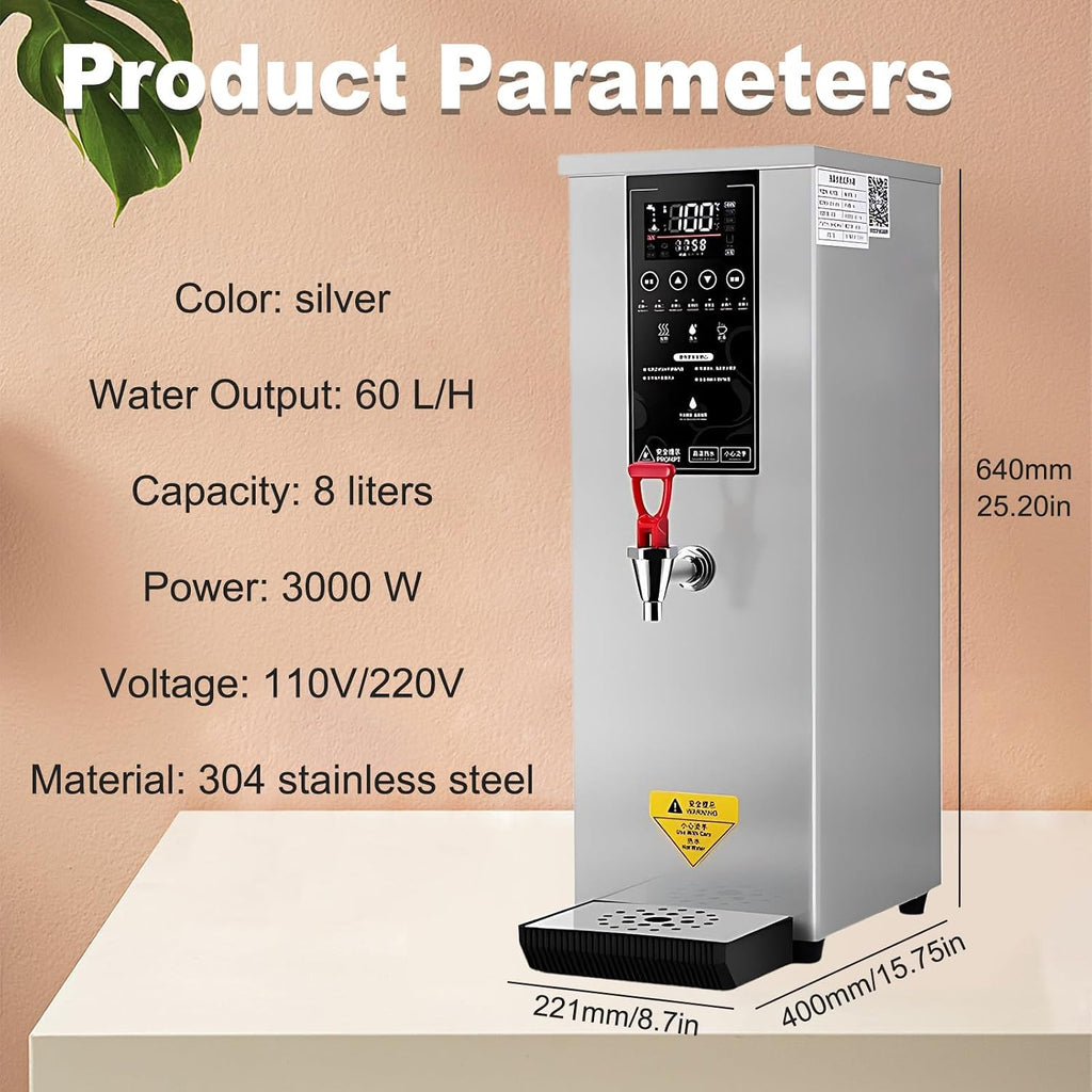SHAHRYAR Professional Commercial Electric Hot Water Dispenser,3000w Instant Hot Water Dispenser,Water Output: 60l/H,30% Energy Saving,Stainless Steel Faucet,for Milk Tea Shops Silver