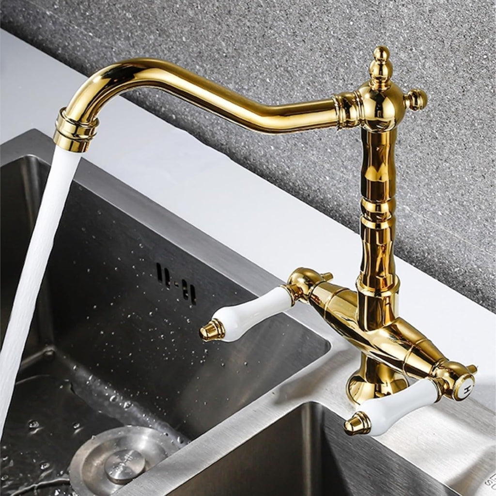 All Copper Retro European Kitchen Faucet Double Handle Hot and Cold Rotating Faucet(Gold)