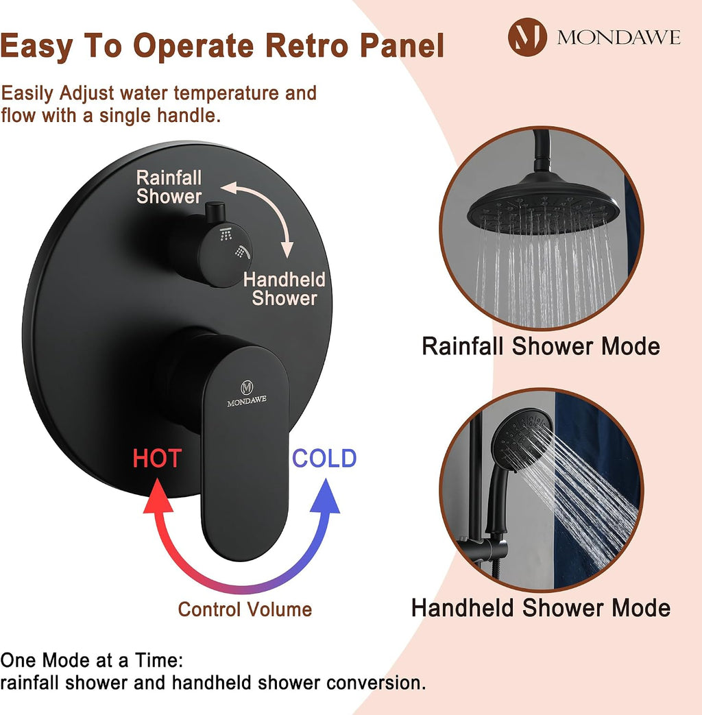MONDAWE 8 Inch Wall Mounted Shower Faucet Set in Matte Black, Rainfall Shower Head with 3-Setting Handheld Spray Shower Set Combo, High Pressure Shower System with Solid Brass Valve