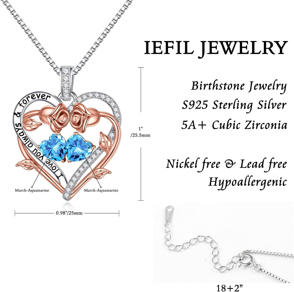 Iefil Rose Heart Double Birthstone Necklace Gifts for Wife Girlfriend Her Women, Birthstone Jewelry Gemstone Birthday Gifts for Mom Grandma Her Wife Women