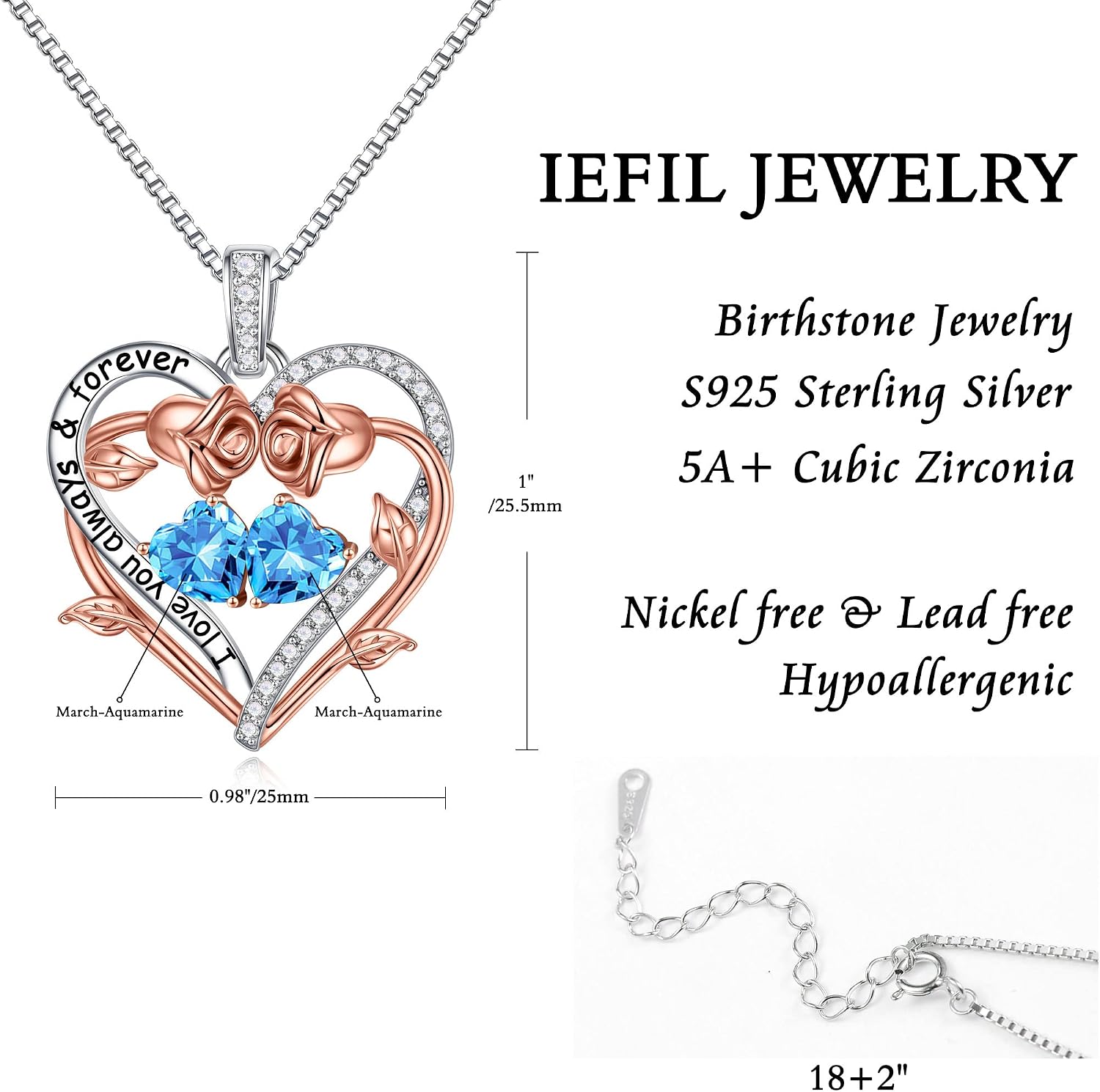 Iefil Rose Heart Double Birthstone Necklace Gifts for Wife Girlfriend Her Women, Birthstone Jewelry Gemstone Birthday Gifts for Mom Grandma Her Wife Women