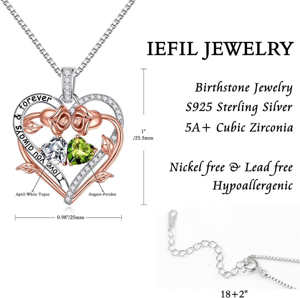 Iefil Rose Heart Double Birthstone Necklace Gifts for Wife Girlfriend Her Women, Birthstone Jewelry Gemstone Birthday Gifts for Mom Grandma Her Wife Women