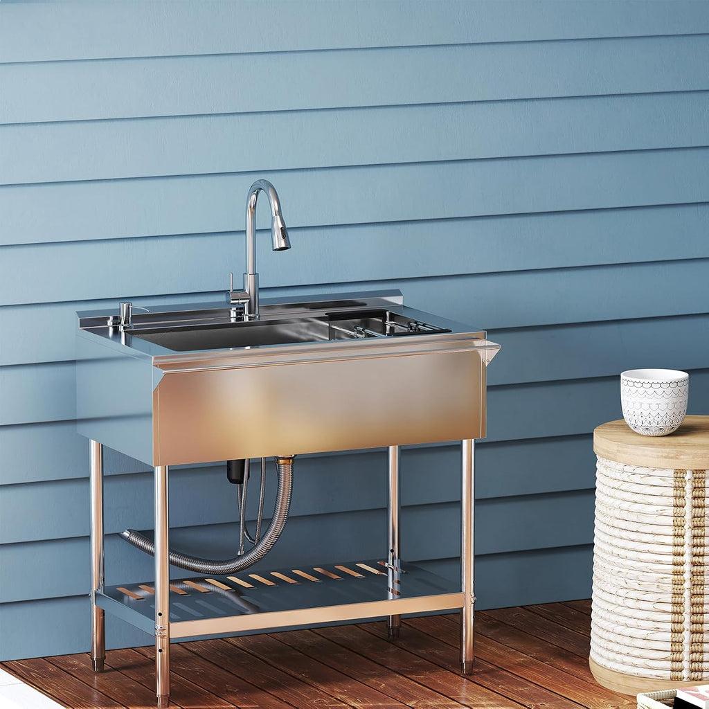 Stainless Steel Utility Sink, 30.8'' Free Standing Single Bowl Sink with Cold and Hot Water Pipe & Pull-Out Faucet & basket, Indoor and Outdoor Sink for Laundry Room, Garage, Kitchen, Silver