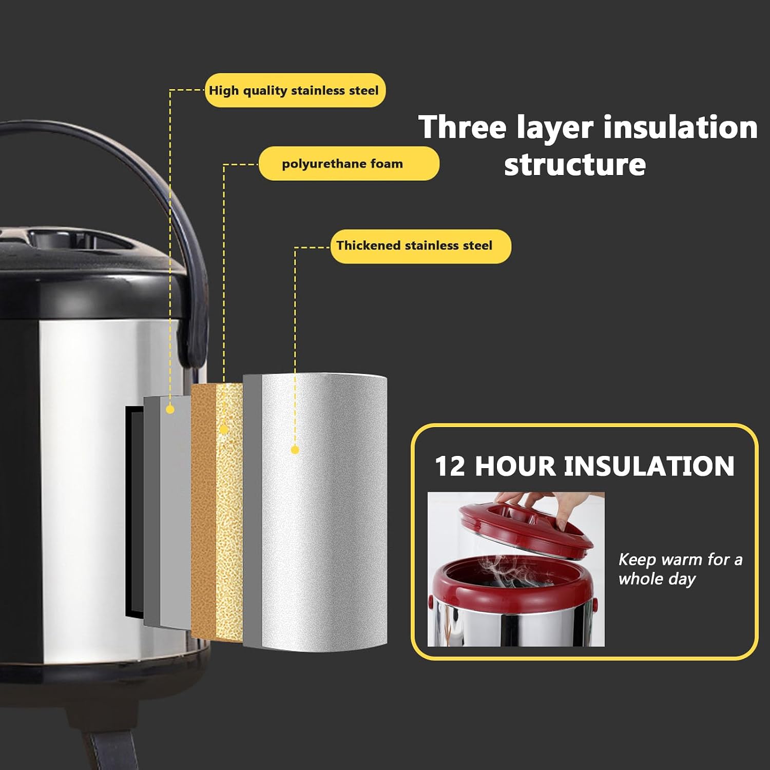 Stainless Steel Insulated Beverage Dispenser Cold Hot Beverage Dispenser with faucet Insulated Beverage Dispenser for Coffee Milk Tea(Size:8L,Color:BLACK)