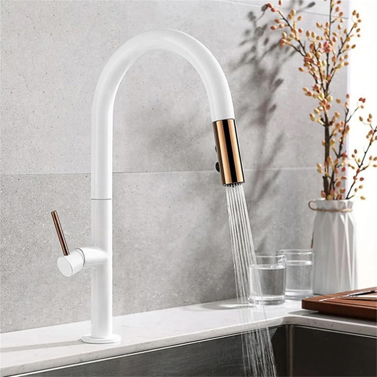 Modern Kitchen Faucet Pull Out 2 Mode Outlet Water Spray Deck Mounted Hot and Cold Water Sink Mixer Tap(White-Gold)