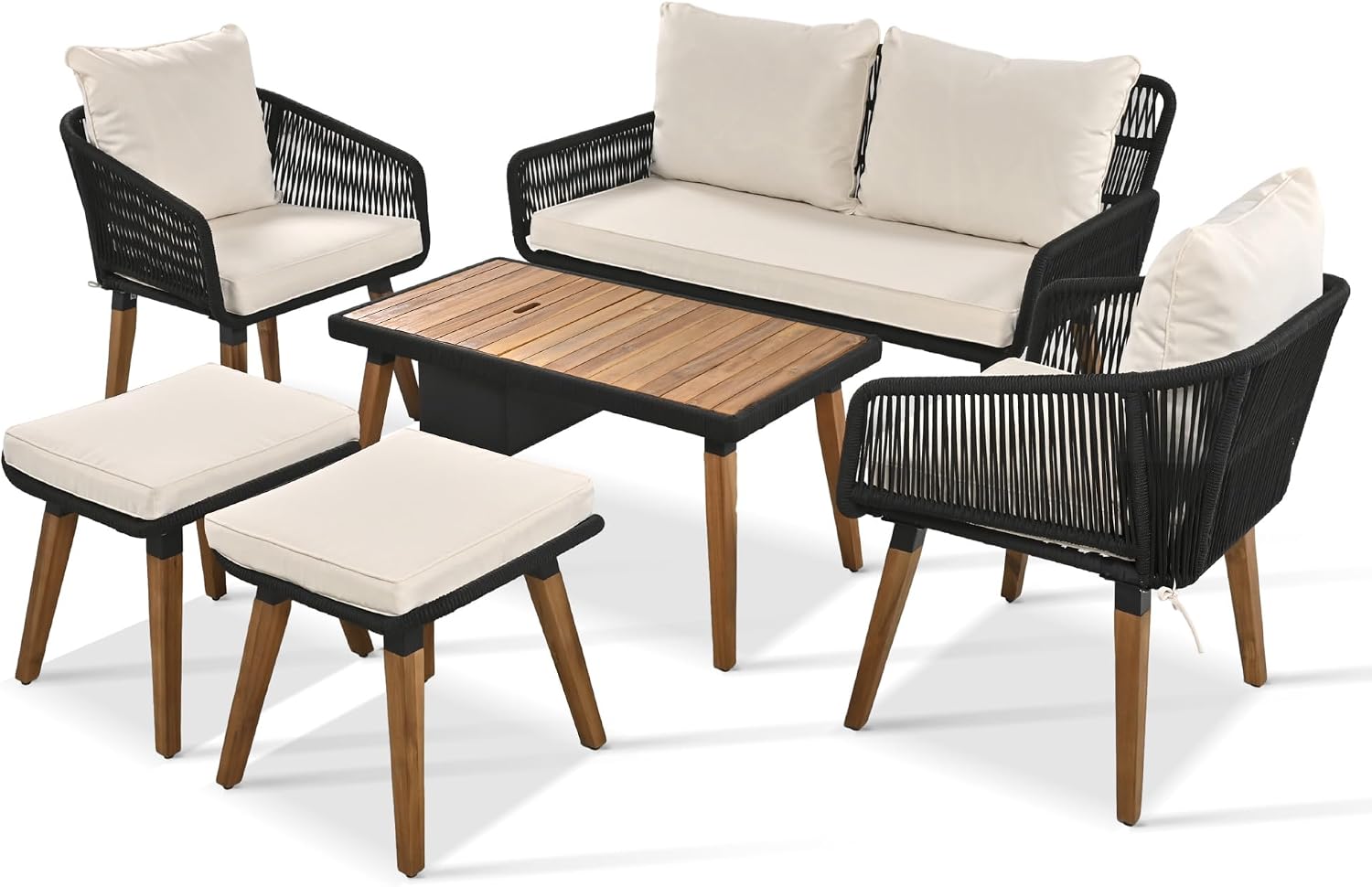 6-Piece Rope Patio Furniture Set, Outdoor Furniture With Acacia Wood Cool Bar Table With Ice Bucket , Deep Seat Patio Conversation Set With Two Stools For Backyard Porch Balcony (Black & Beige-001)