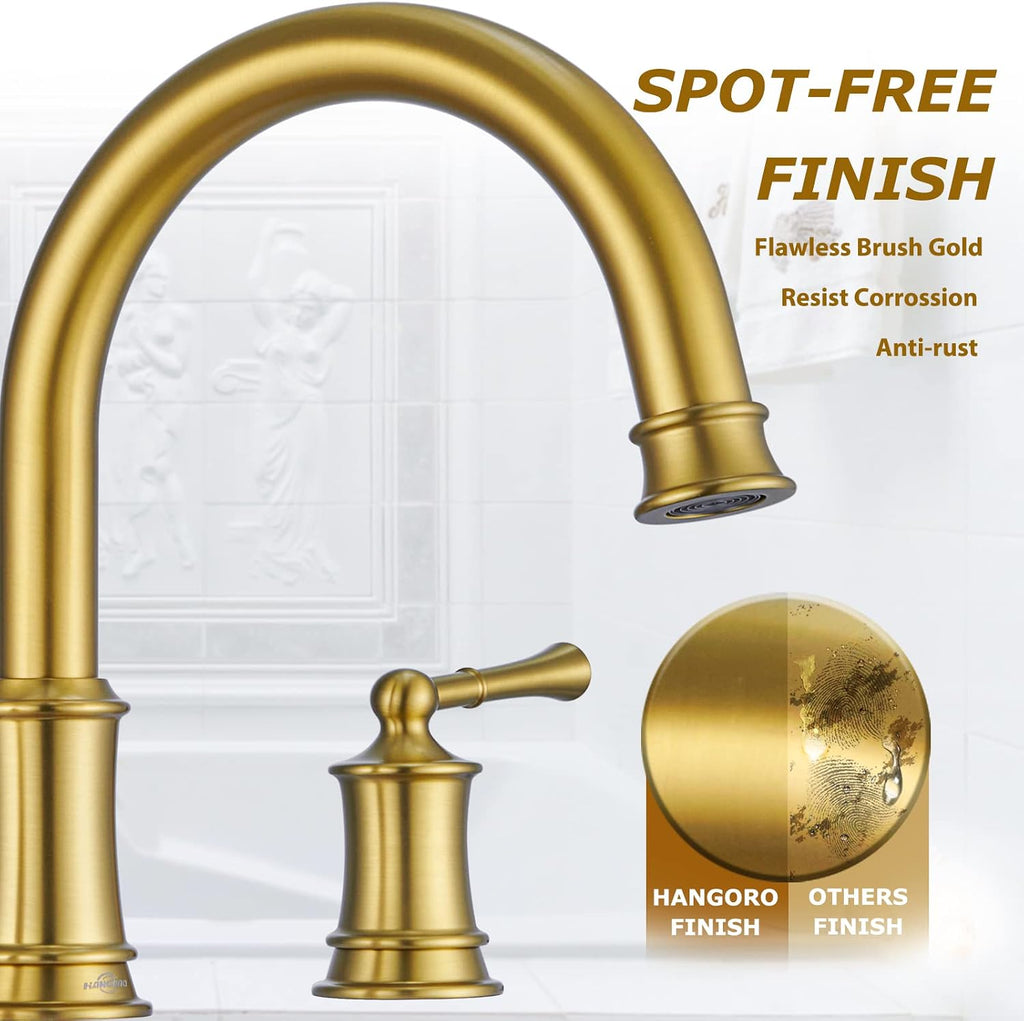 Brushed Gold Roman Tub Faucet, Antique Bathtub Faucet Set 3 Hole, High Flow Bath Tub Faucet 12-16 inch Widespread, Solid Brass Tub Filler 2 Handle 360° Swivel Spout Rough-in Valve(B2307-BG)