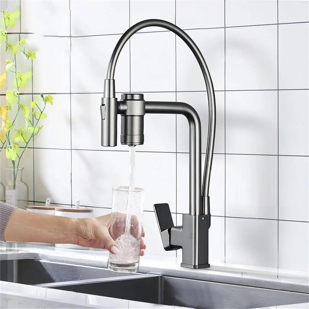 Brass Pull Out Filtered Kitchen Faucet Purification Kitchen Faucets Drinking Water Hot Cold Mixer Tap(Black)
