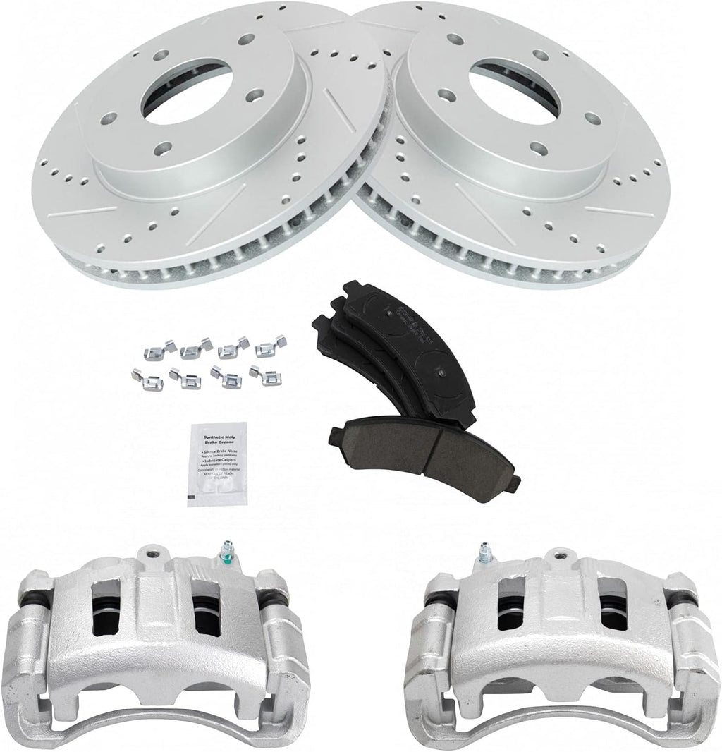 TRQ Performance Front Brake Pad and Rotor Set Ceramic Drilled Coated Rotors Calipers Compatible with 98-05 Chevrolet Blazer S10 98-03 GMC Sonoma 98-01 Jimmy Oldsmobile Bravada 98-00 Isuzu Hombre
