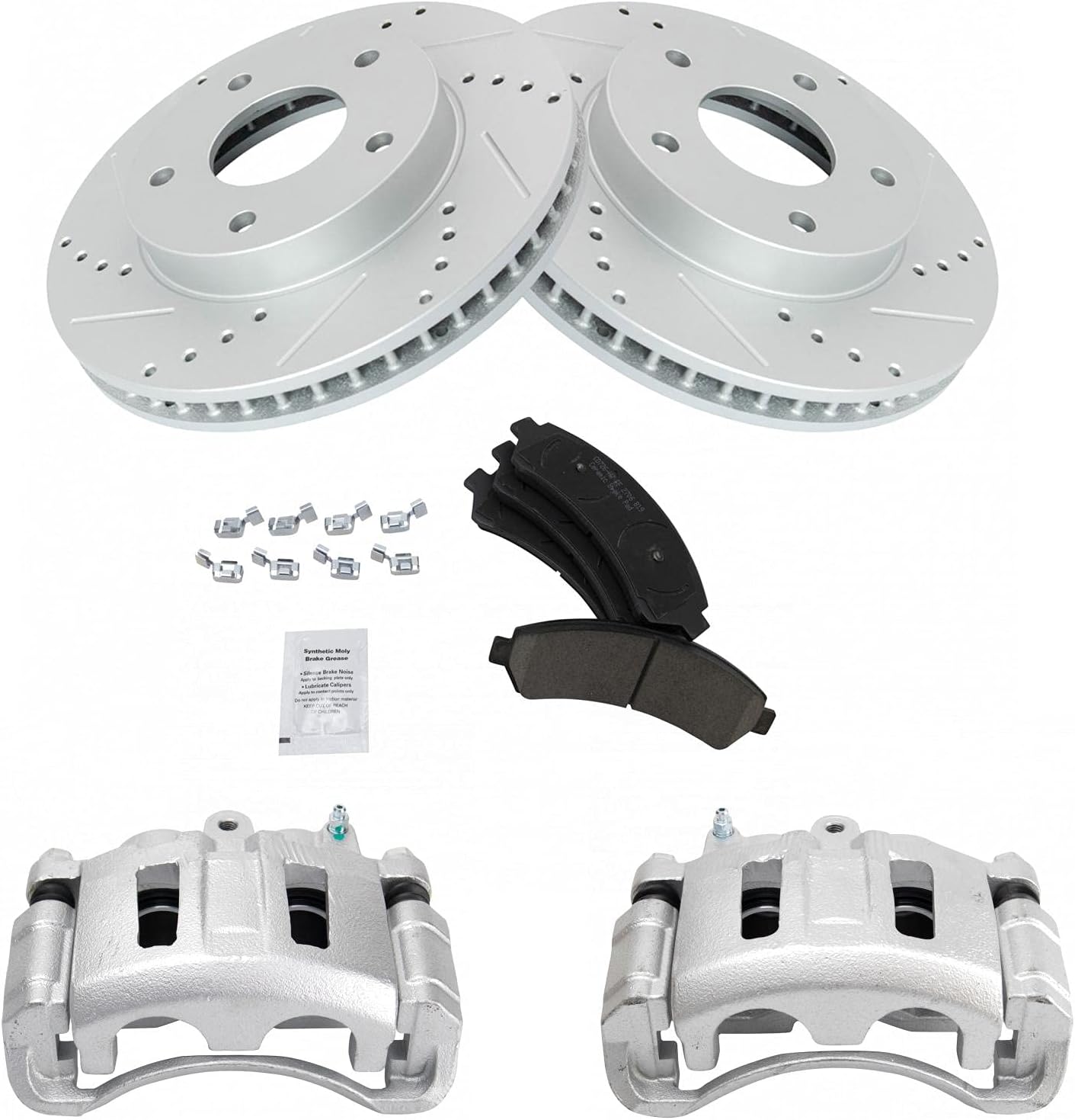 TRQ Performance Front Brake Pad and Rotor Set Ceramic Drilled Coated Rotors Calipers Compatible with 98-05 Chevrolet Blazer S10 98-03 GMC Sonoma 98-01 Jimmy Oldsmobile Bravada 98-00 Isuzu Hombre
