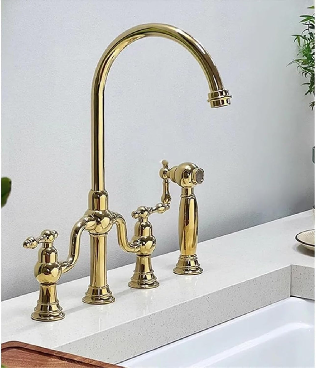 Pull Out Kitchen Faucet Classic Deck Mounted Hot Cold Sink Tap Rotation Spout Faucet(Gold)