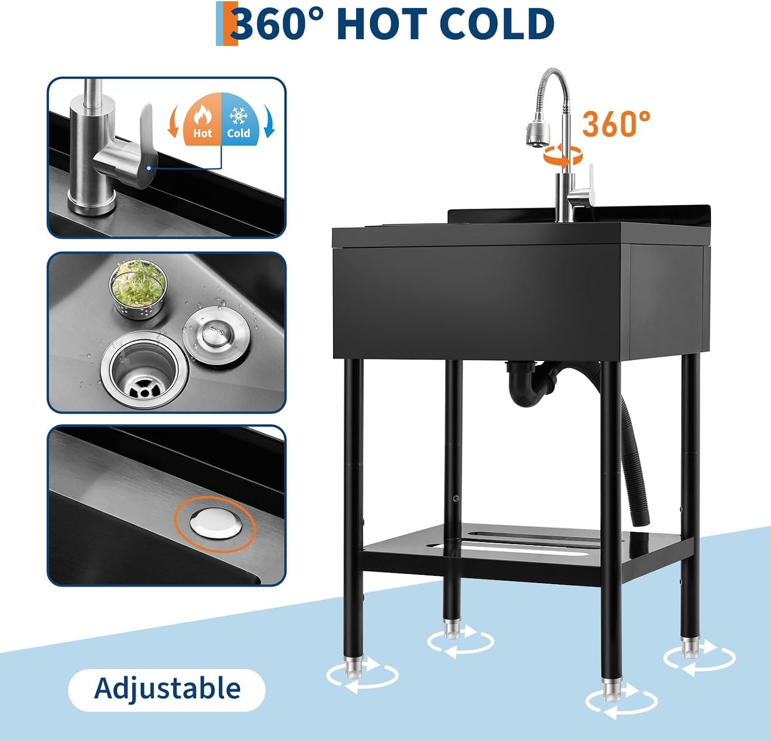 Garvee Stainless Steel Utility Sink with Faucet & Storage Shelf, 304 Single Bowl Freestanding Sink with Adjustable Legs, S-Hooks, Hot & Cold Water Pipes for Kitchen, Laundry, Garage, Farm, Outdoor Use