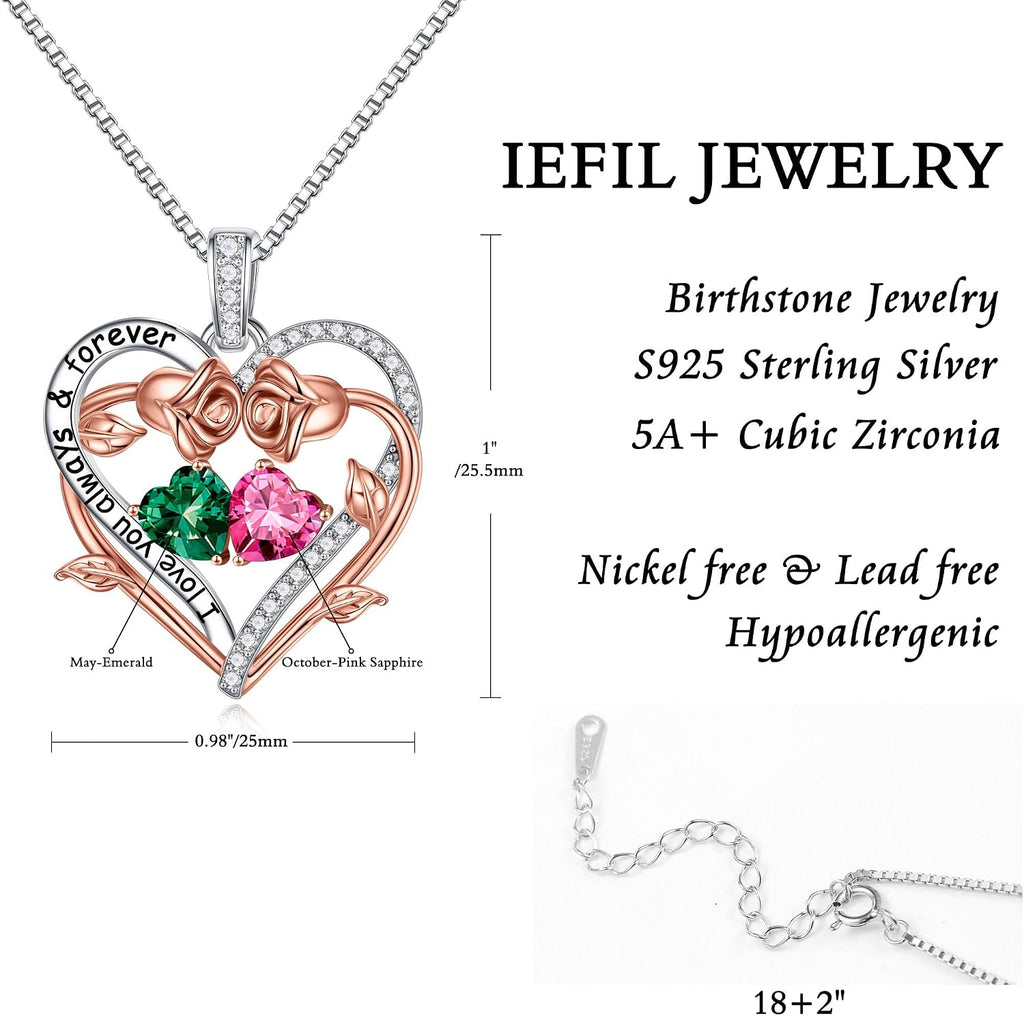 Iefil Rose Heart Double Birthstone Necklace Gifts for Wife Girlfriend Her Women, Birthstone Jewelry Gemstone Birthday Gifts for Mom Grandma Her Wife Women