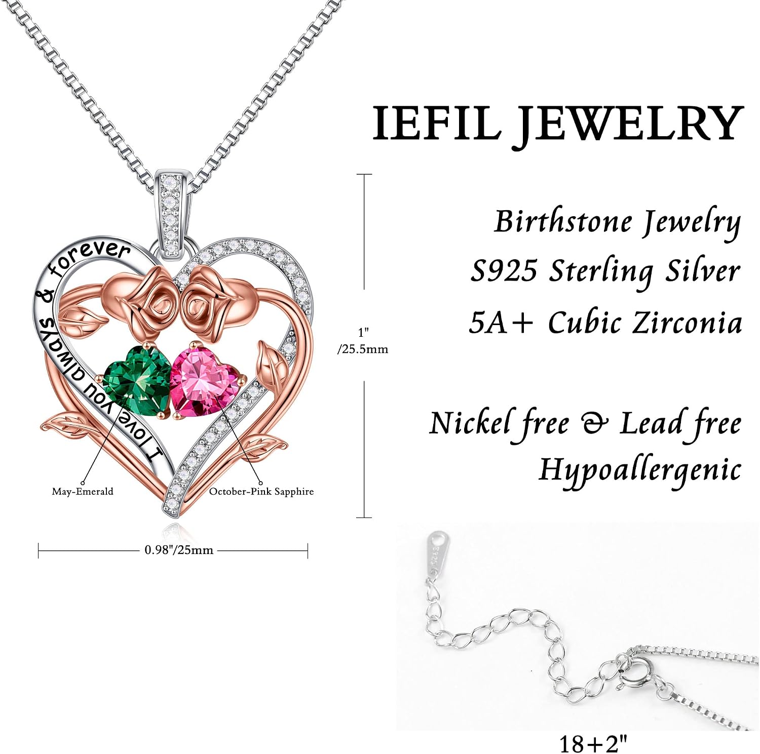 Iefil Rose Heart Double Birthstone Necklace Gifts for Wife Girlfriend Her Women, Birthstone Jewelry Gemstone Birthday Gifts for Mom Grandma Her Wife Women