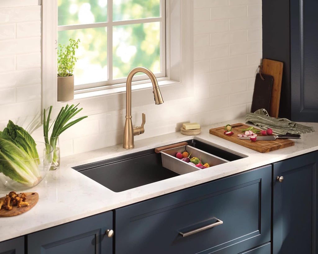 Moen 87071BZG Nolia One-Handle Pull-Down Kitchen Faucet with Power Boost, Soap Dispenser Included, High Arc, 1 or 3 Hole Installation, Brushed Gold