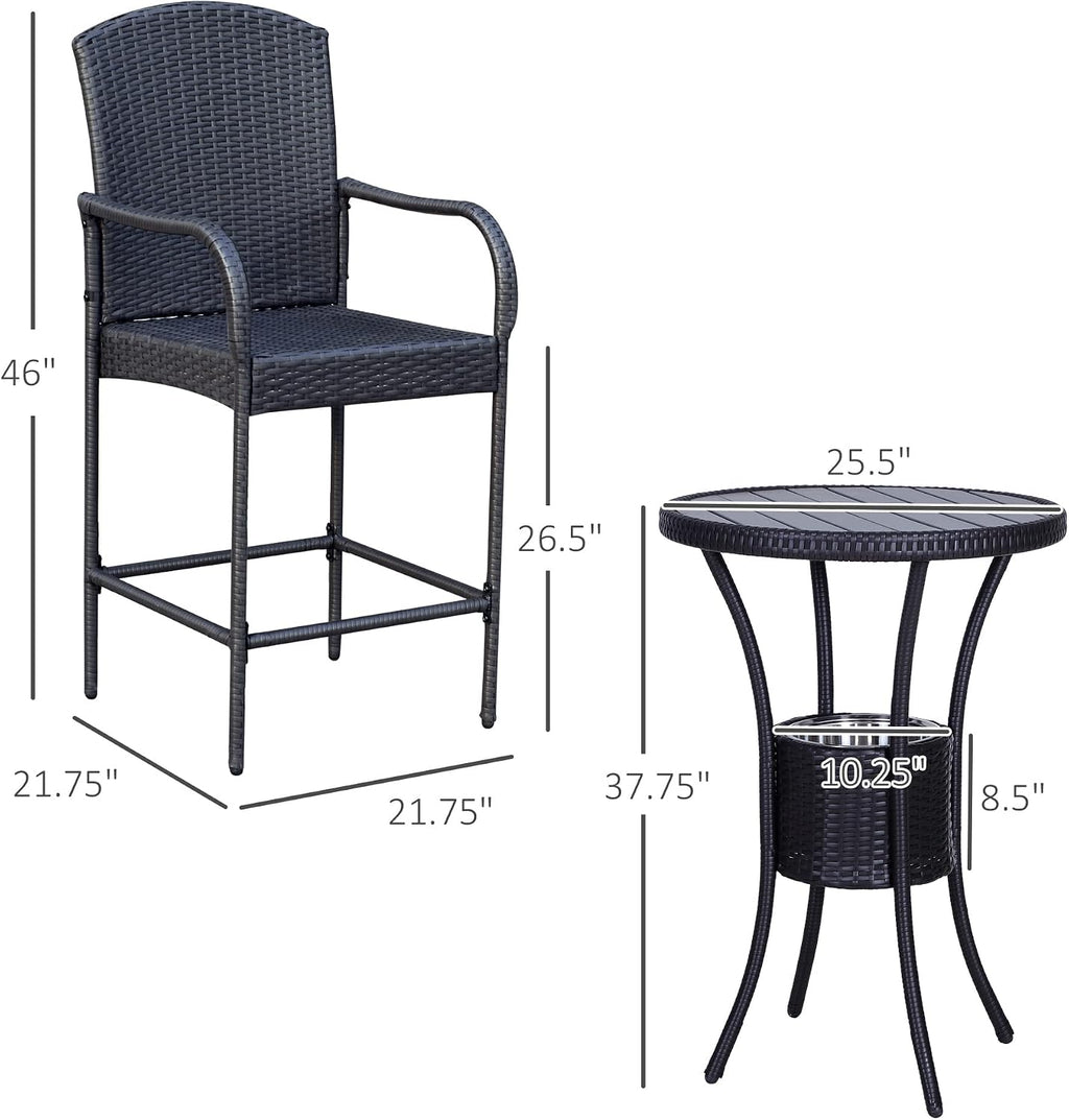 Rattan Wicker Bar Set for 3 PCS with Ice Buckets, Patio Furniture with 1 Bar Table and 2 Bar Stools for Poolside, Backyard, Porches