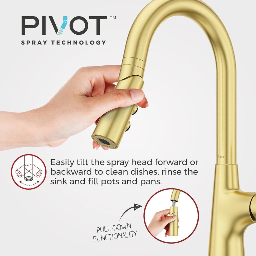 Pfister Tasso Kitchen Faucet with Pull Down Sprayer and Soap Dispenser, Single Handle, High Arc, NSF Certified, Brushed Gold Finish, F5297TSOBG