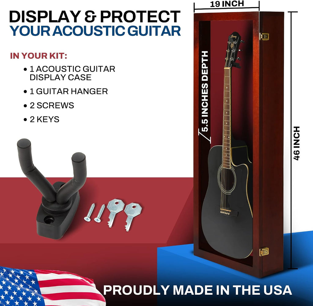 PENNZONI Acoustic Guitar Display Case - Acrylic Acoustic Guitar Case - Guitar Display Case Wall Mount Made from Hardwood Frame & Clear Acrylic - Cherry w/ Red Felt