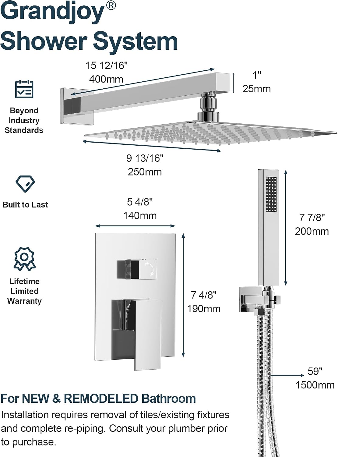 10 Inch Shower Faucet Set, High Pressure Rainfall Shower Head and Handheld Sprayer Combo, Polished Chrome
