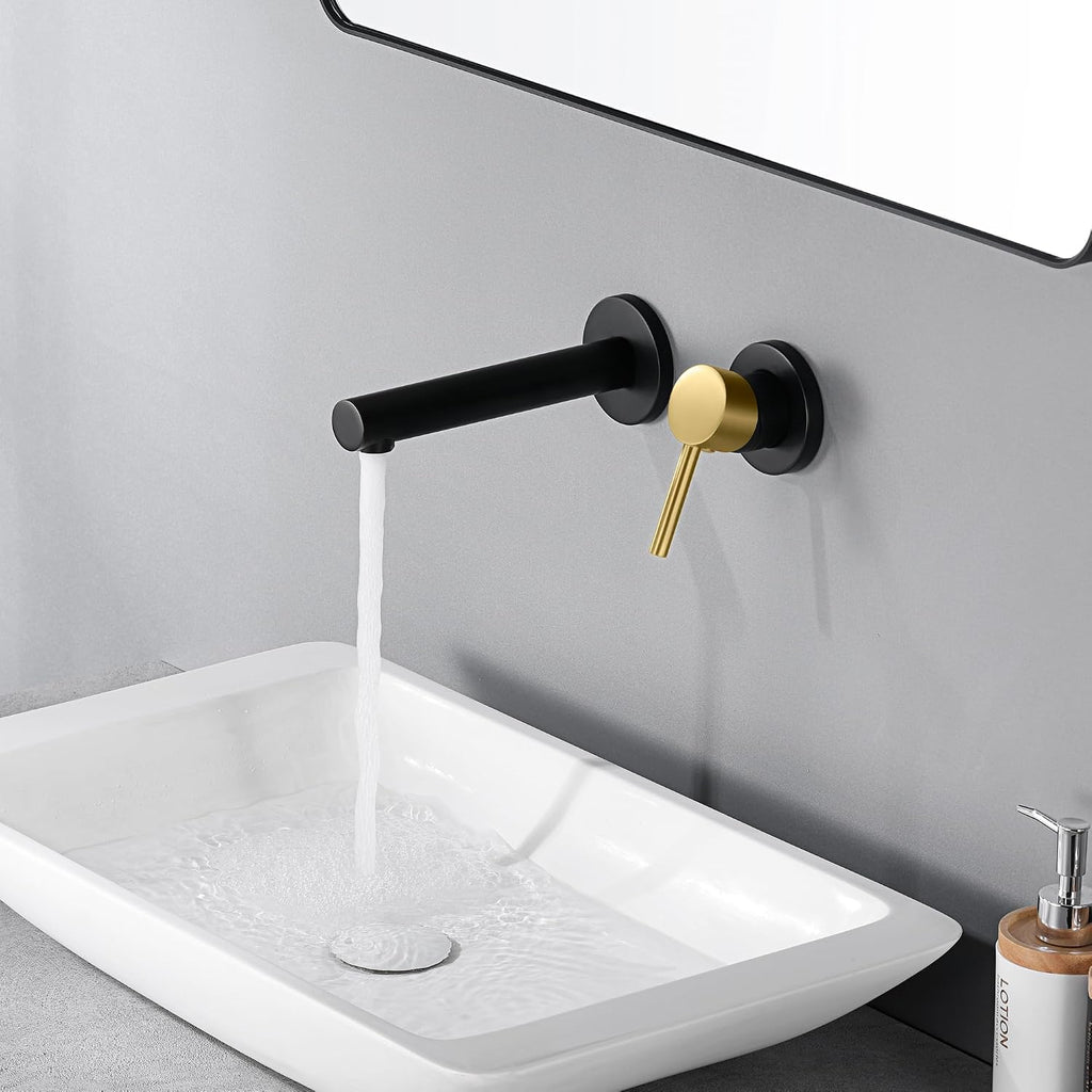 SUMERAIN Wall Mounted Bathroom Sink Faucet Black and Gold Finish, Lavatory Faucet with Single Handle and Rough in Valve