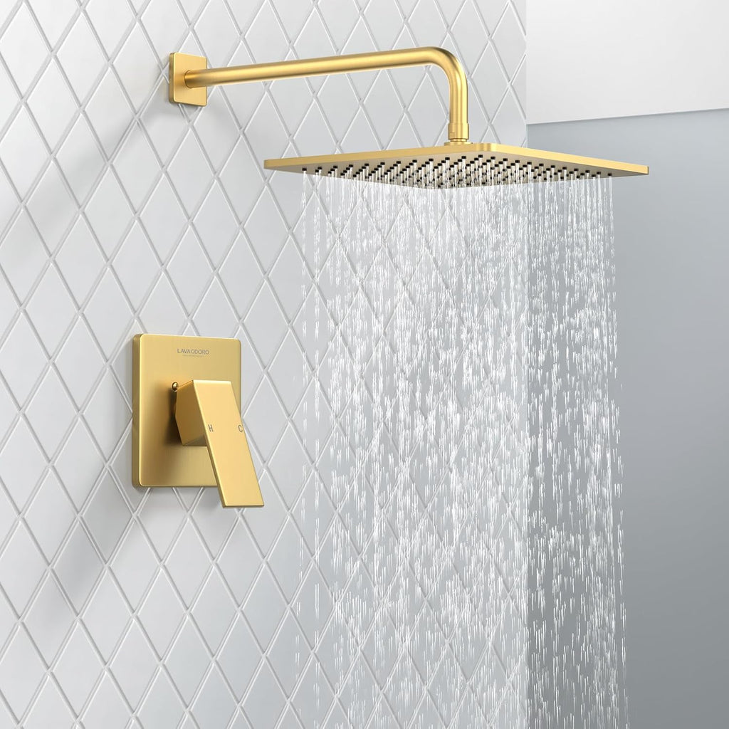 Lava Odoro 12-inch Modern Square Shower Faucet Set Brushed Gold, Shower Trim Kit with Rough-in Valve High Pressure Gold Rainfall Shower Head and Handle Set, (Valve Included), SF106-SG