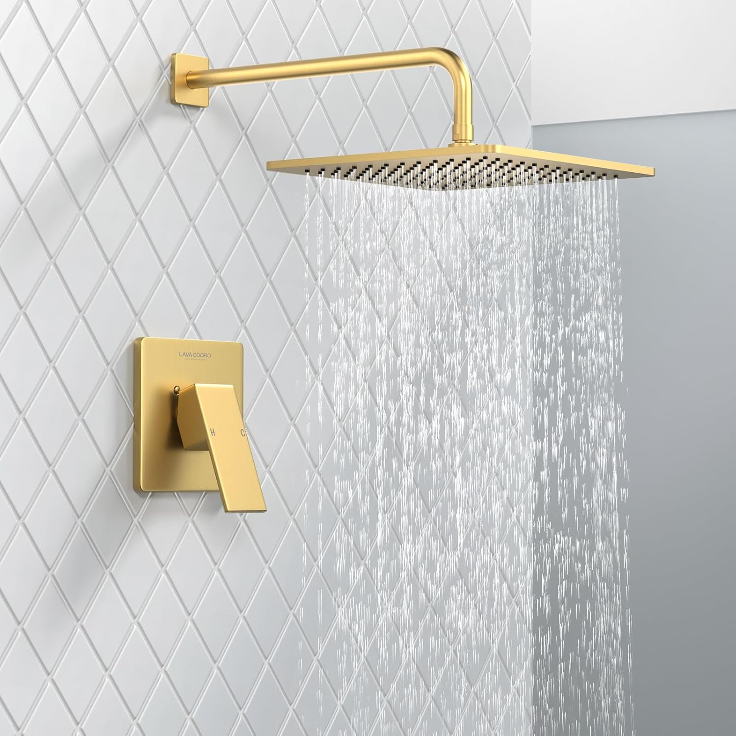 Lava Odoro 12-inch Modern Square Shower Faucet Set Brushed Gold, Shower Trim Kit with Rough-in Valve High Pressure Gold Rainfall Shower Head and Handle Set, (Valve Included), SF106-SG
