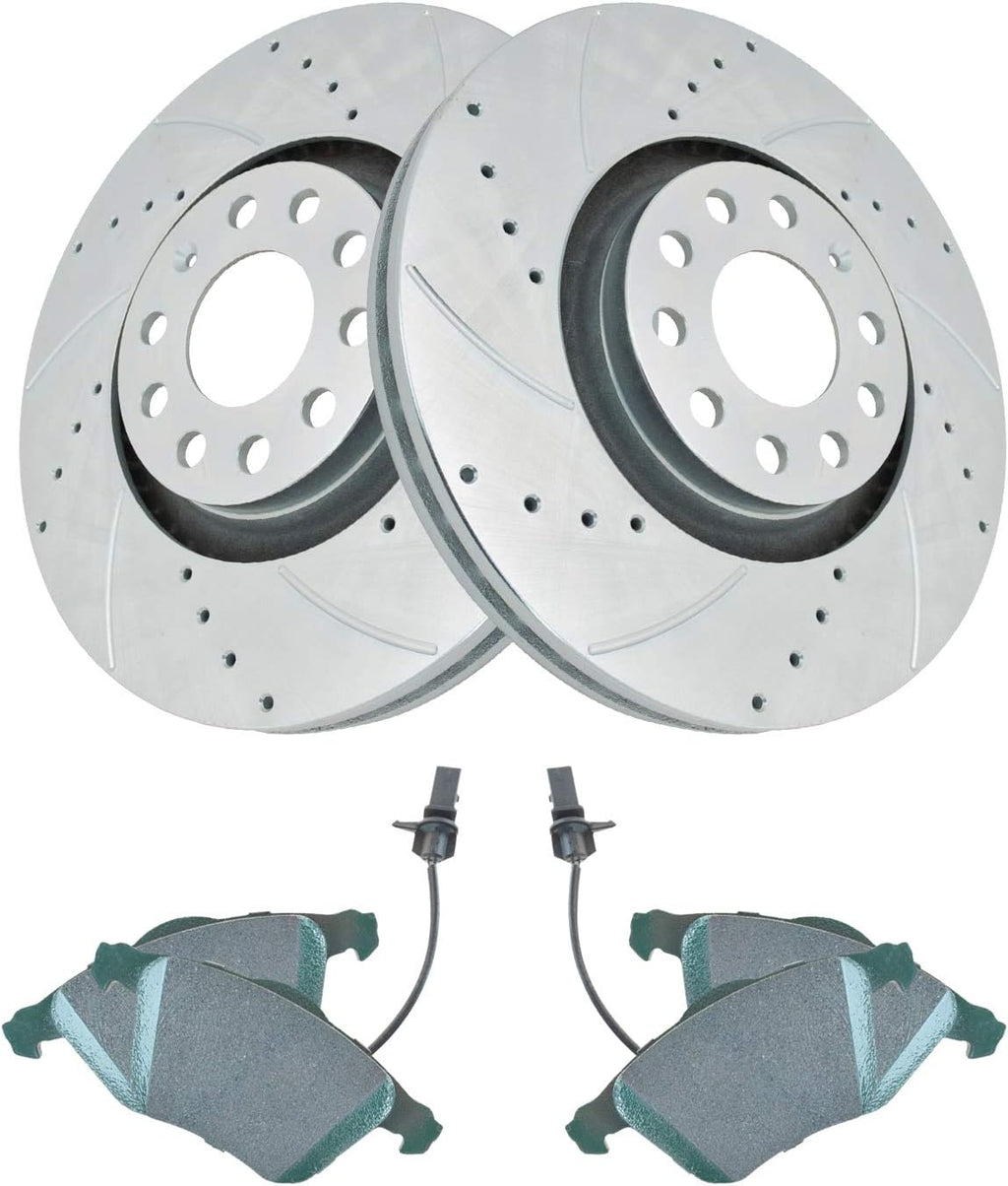 TRQ Performance Front Brake Pad and Rotor Set Ceramic Drilled Slotted G Coated Vented Rotors Compatible with 2005-2009 Audi A4 A4 Quattro