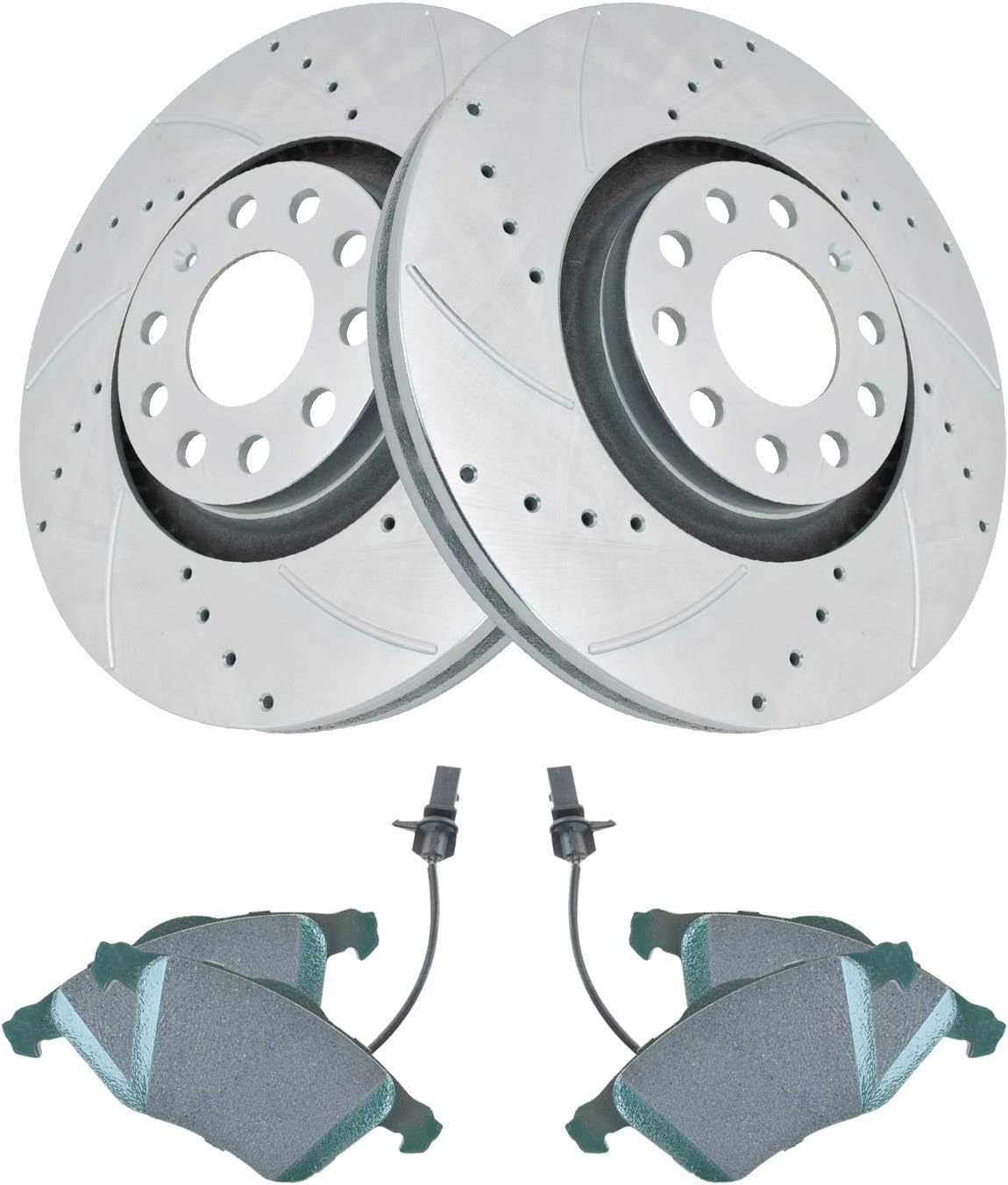 TRQ Performance Front Brake Pad and Rotor Set Ceramic Drilled Slotted G Coated Vented Rotors Compatible with 2005-2009 Audi A4 A4 Quattro