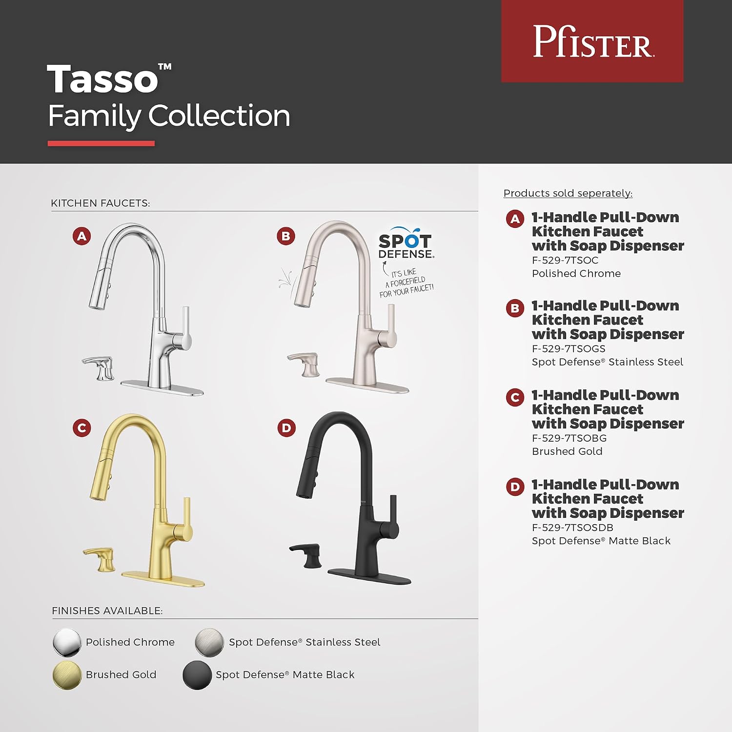 Pfister Tasso Kitchen Faucet with Pull Down Sprayer and Soap Dispenser, Single Handle, High Arc, NSF Certified, Brushed Gold Finish, F5297TSOBG
