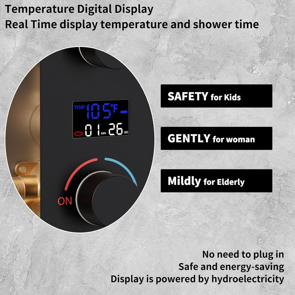 Matte Black Shower System Digital Display Full Body Shower System with 16 x 26 Inch Ceiling Rain LED Shower Head, Handheld Shower and 6 PCS Body Jets