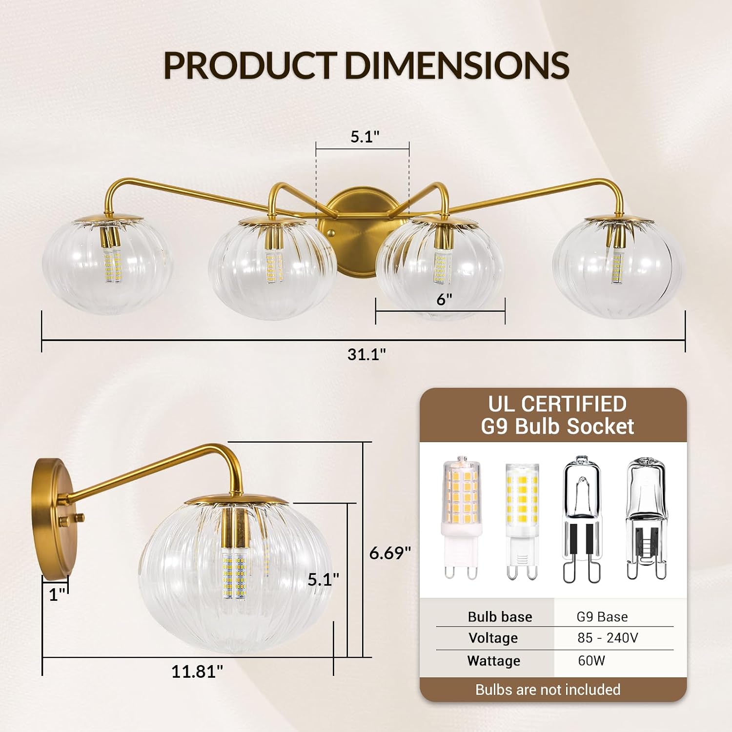 ANDY STAR Bathroom Vanity Light 4 Light, Brushed Gold Bathroom Light Fixtures with Clear Pumpkin-Ribbed Glass Globe Shade, Brass Vintage Striped Wall Lights for Vanity, G9 Base (No Bulbs)