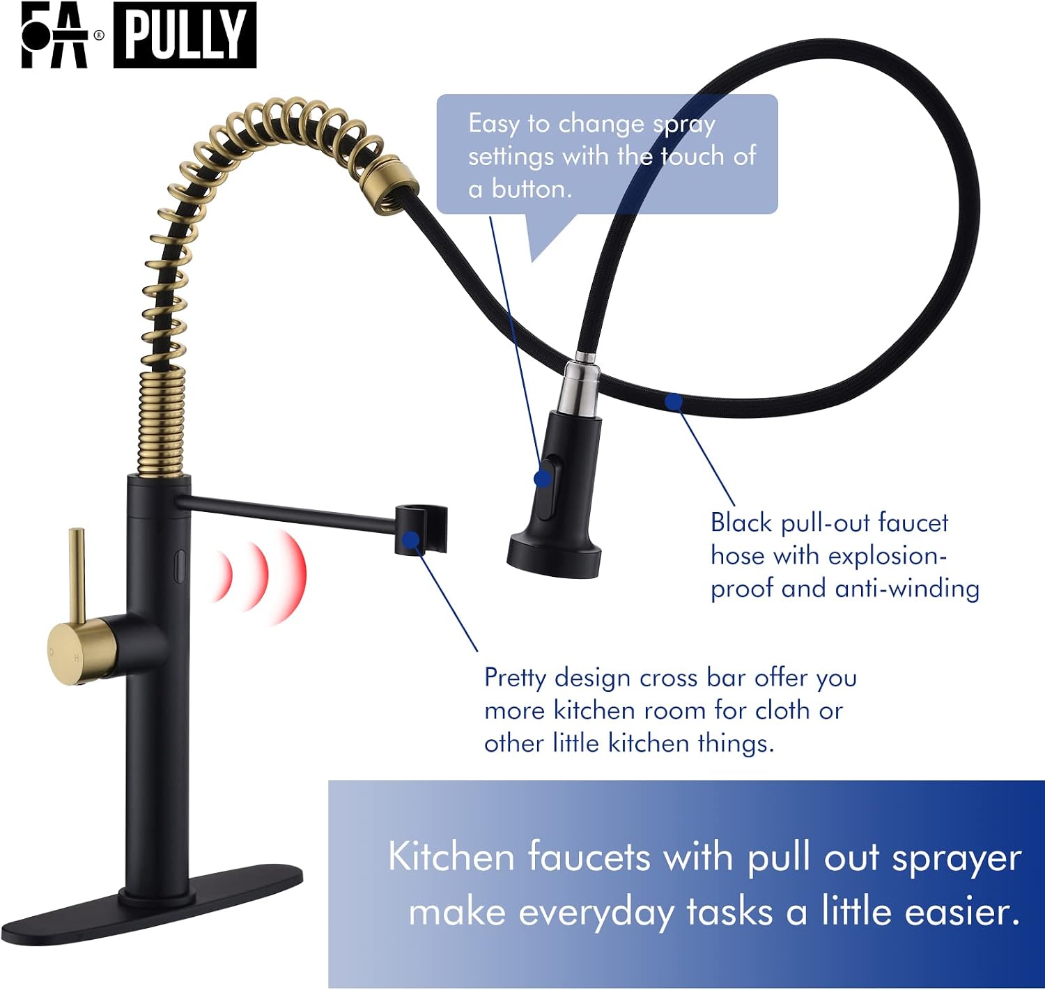 Fapully Touchless Kitchen Faucet with Pull Down Sprayer,Black and Gold Sensor Commercial Pull-Down Single Handle Kitchen Sink Faucet