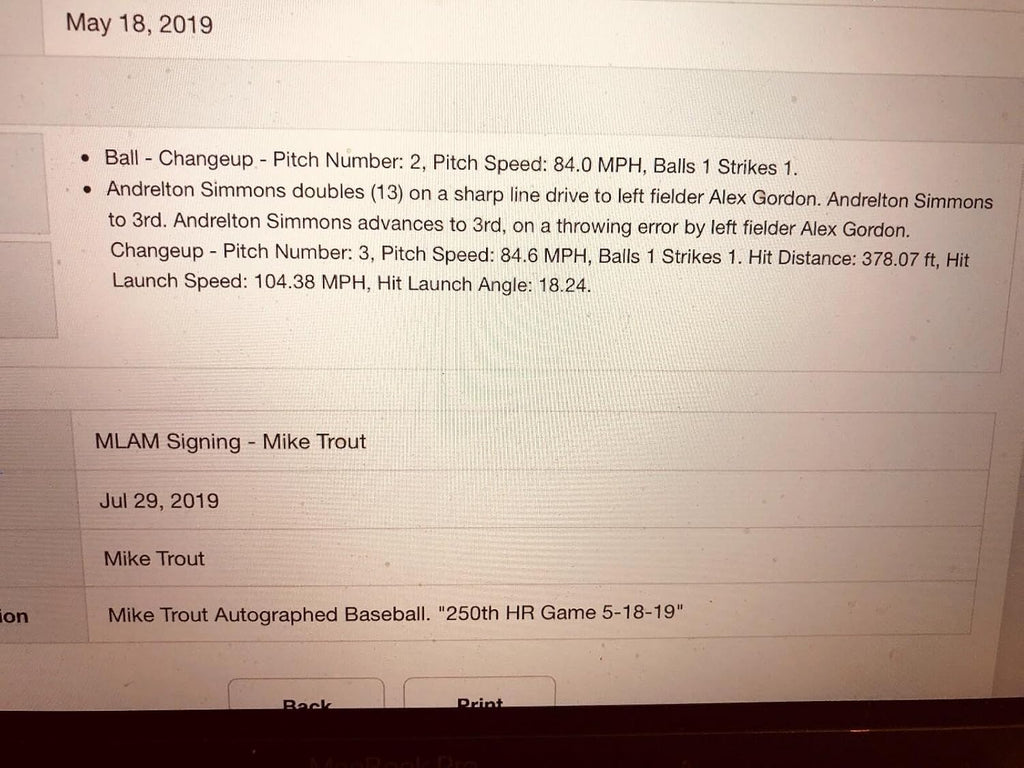 Mike Trout Signed/Inscribed MLB Holo/ Game Used 250th HR baseball/ MVP Milestone - MLB Game Used Baseballs