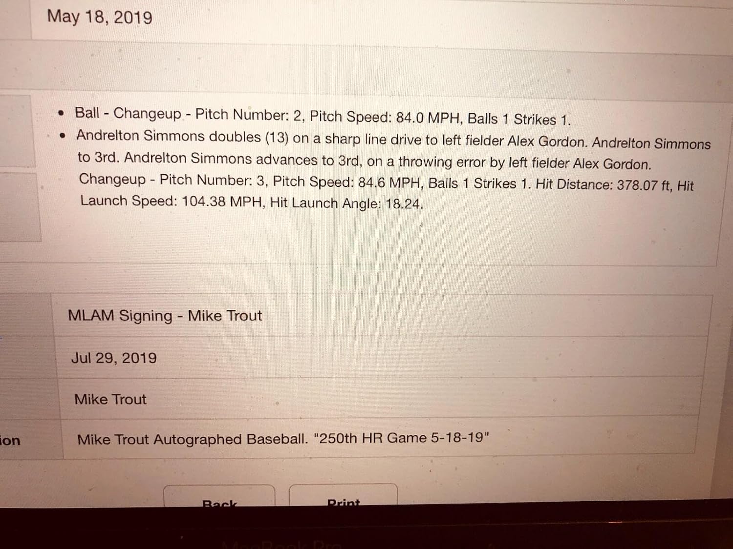 Mike Trout Signed/Inscribed MLB Holo/ Game Used 250th HR baseball/ MVP Milestone - MLB Game Used Baseballs
