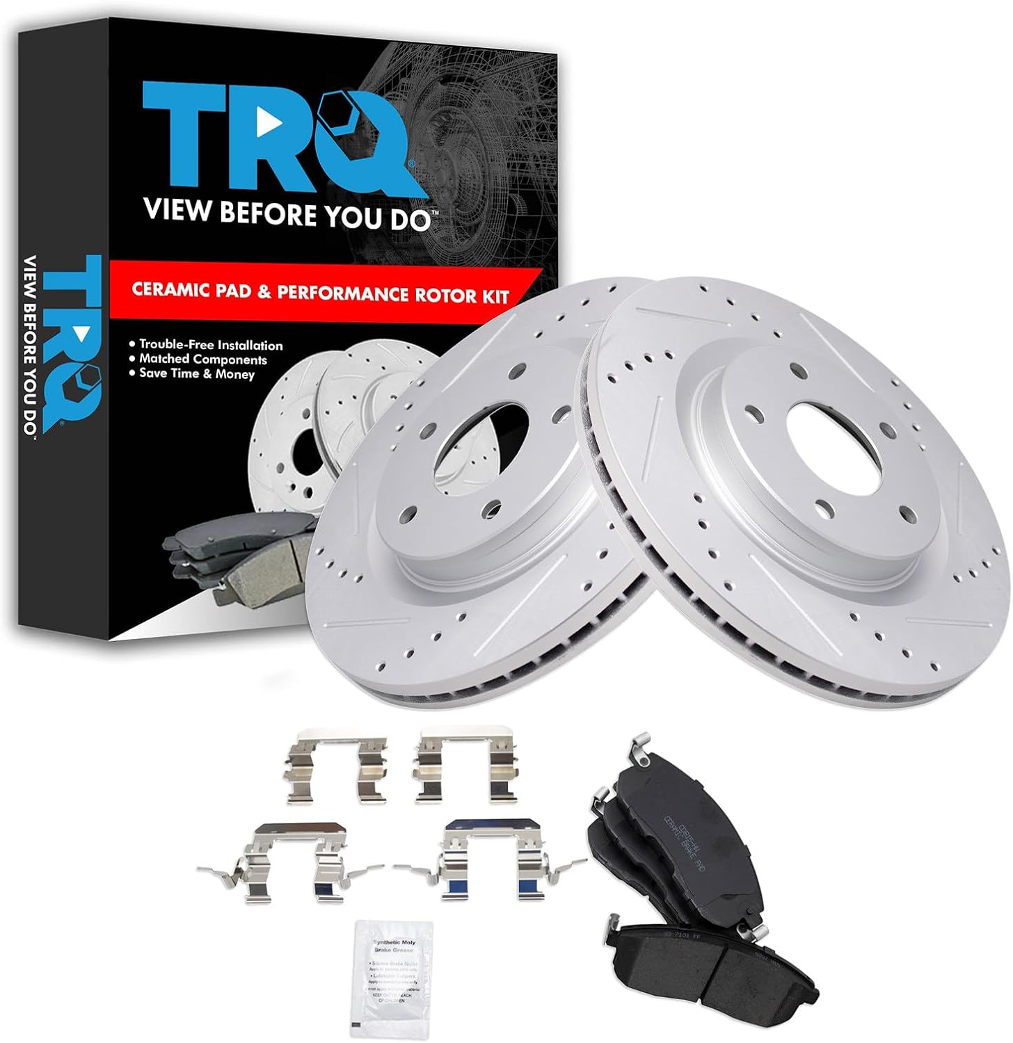 TRQ Performance Front Ceramic Brake Pad and Rotor Set Coated Drilled Slotted Compatible with 11-13 Nissan Juke, 14-17 Nissan Juke S SV SL Nismo, 17-19 Sentra SR Turbo Nismo