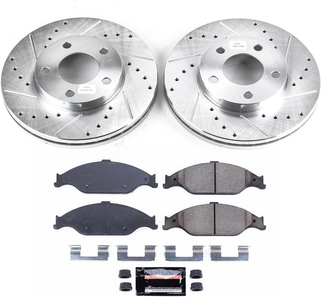 PowerStop Front Brake Kit for Ford Mustang 1999-04 - Drilled and Slotted Disc Rotors with Carbon-Fiber Ceramic Brake Pads Replacement, K1301