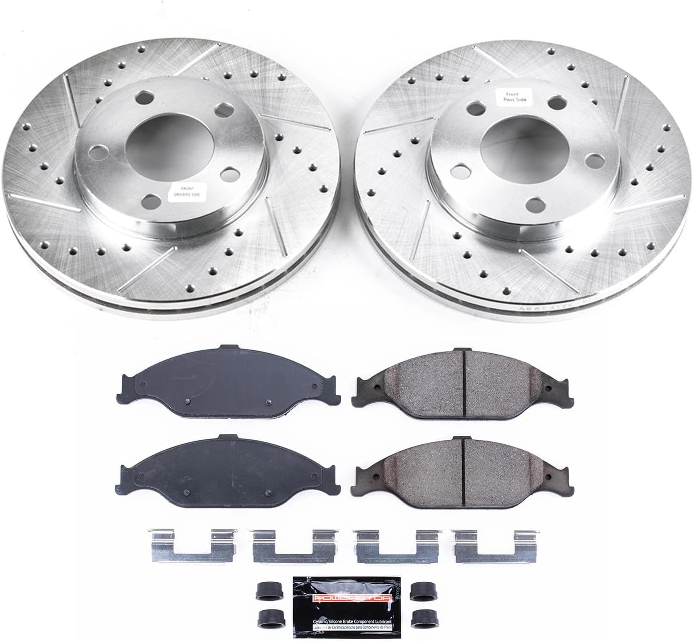 PowerStop Front Brake Kit for Ford Mustang 1999-04 - Drilled and Slotted Disc Rotors with Carbon-Fiber Ceramic Brake Pads Replacement, K1301