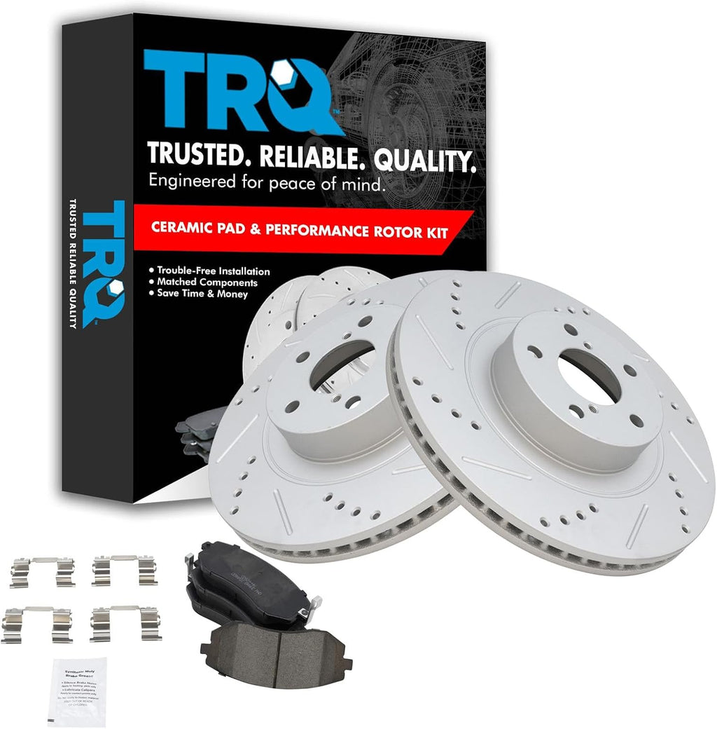TRQ Performance Front Brake Pad and Rotor Set Ceramic Drilled Slotted Coated Vented Rotors Compatible with 2005-2006 Baja 2005-2012 Legacy Outback 2008-2010 Impreza 2009-2010 Forester
