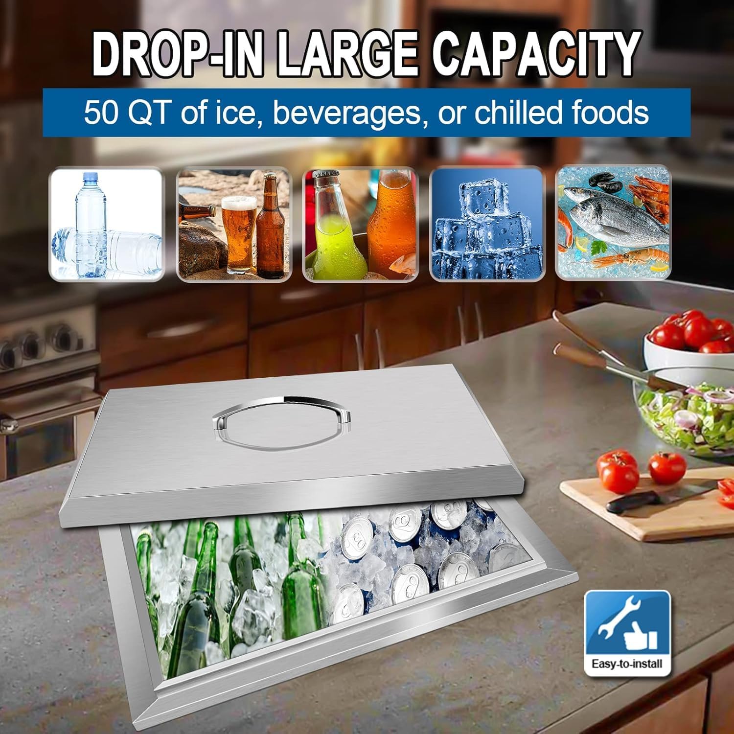 Commercial Stainless Steel Drop-in Ice Bin Chest – Insulated Bar Ice Well for Beverage Service