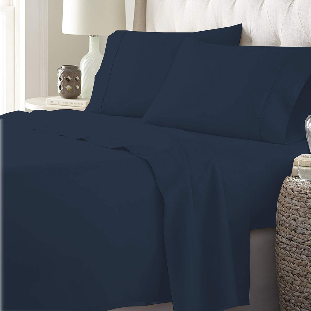 Pure 1000 Thread Count Egyptian Cotton- Sateen Weave- Olympic Queen(66' X 80') Navy Blue Sheet Set - 4-Piece 14'-18' Inches Standard Drop Length Elastic Bounded
