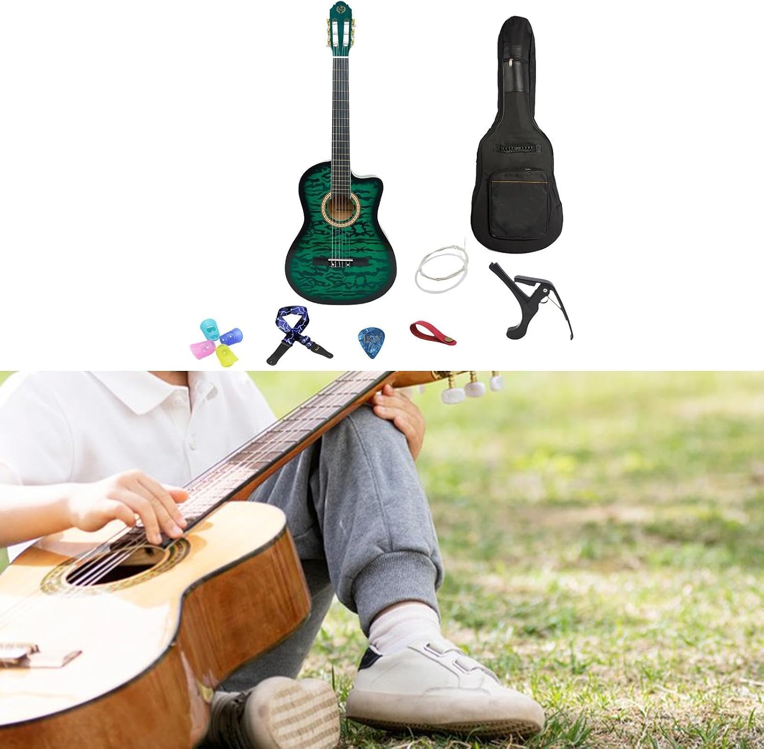 Acoustic Guitar for Beginners - Portable Travel Guitar with Steel Strings, Compact Size for Easy Learning and Performance- Green