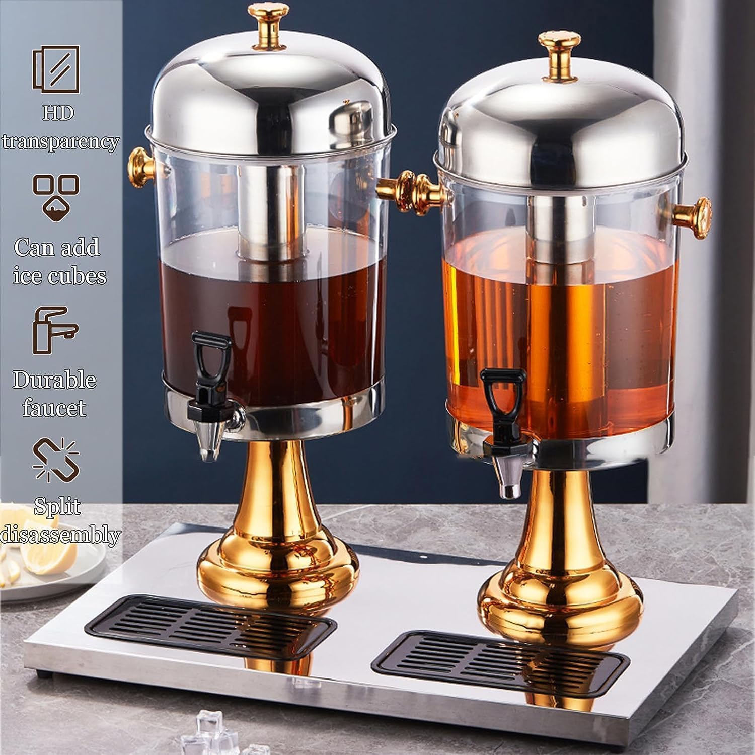 Drink dispensers for parties, Commercial Beverage Machine, Buffet Stainless Steel Juice Bucket, Hot and Cold Drink Machine with Faucet, for Restaurant Hotel Bar (Color : Gold, Size : 8L)